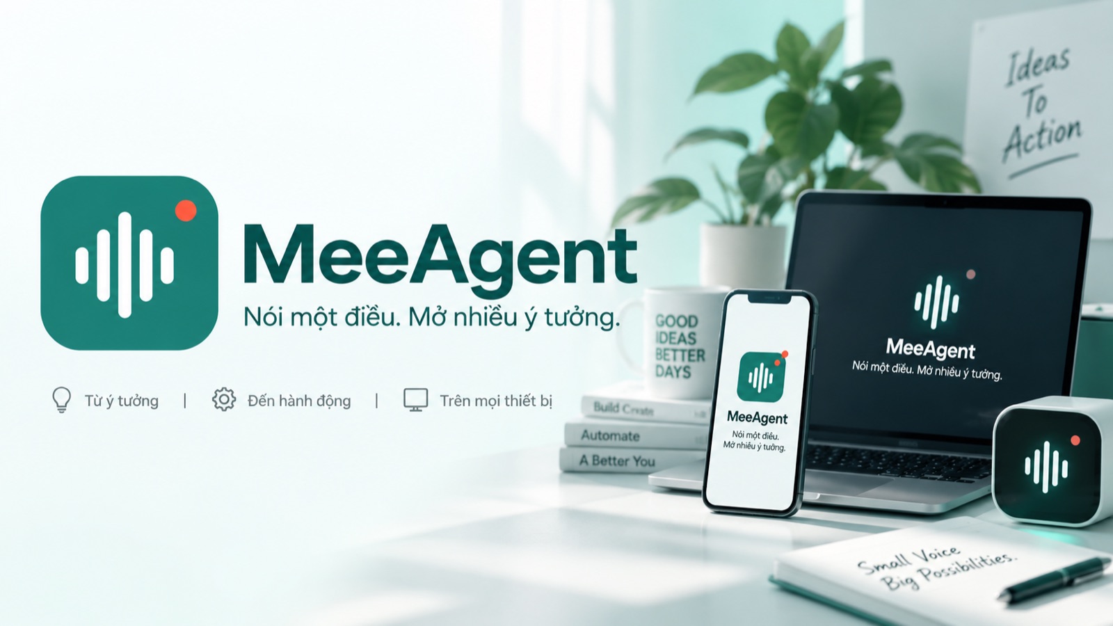 MeeAgent trên điện thoại, máy tính và loa để bàn